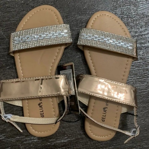 Y2K Delia's Girls Sandals Size 1Y Dressy Strappy Rose Gold Metallic Rhinestone - Picture 1 of 5